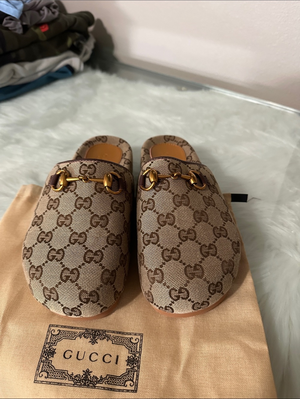 Gucci GG Canvas Mules with Gold Horsebit — Beige Brown